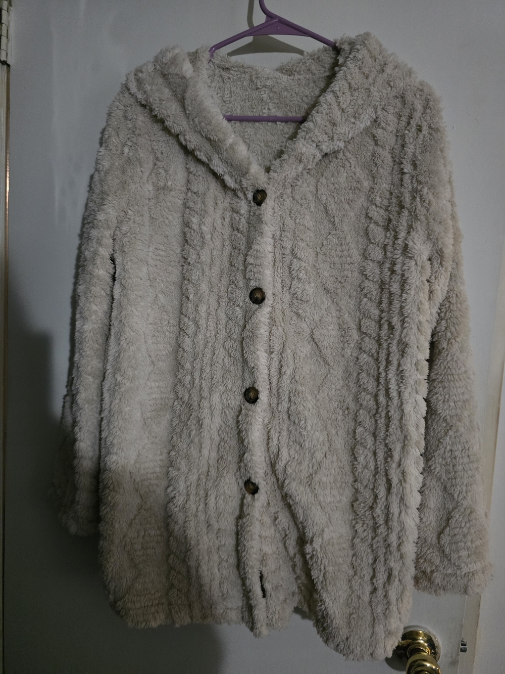 Source Unknown Cream Hooded Teddy Jacket Cable Pattern  with Button Front Button